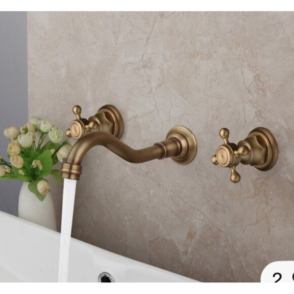 3PCS Gold Brass Bathroom Faucet Wall Mounted Mixer Dual Handles Vanity Tap NWOT - Picture 1 of 6